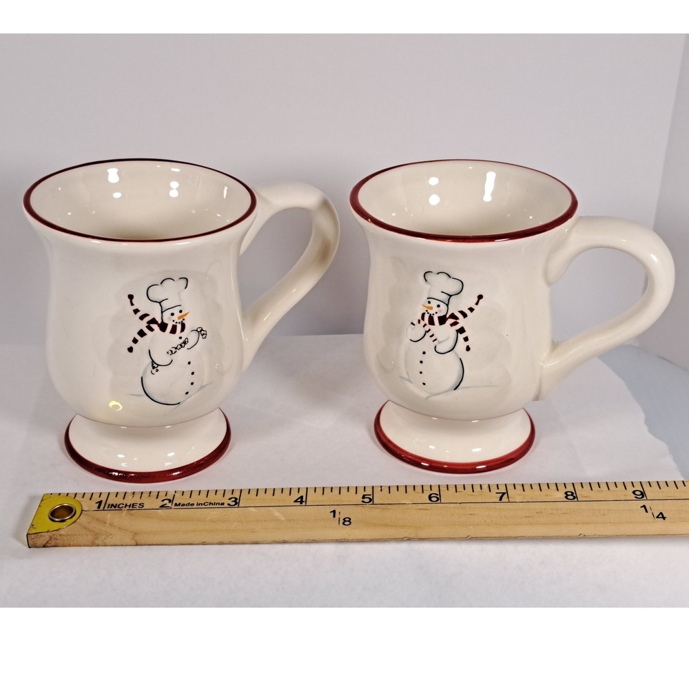 Williams‎ Sonoma Snowman Mugs Set of 2 Red Trim Ceramic Christmas Holiday Footed